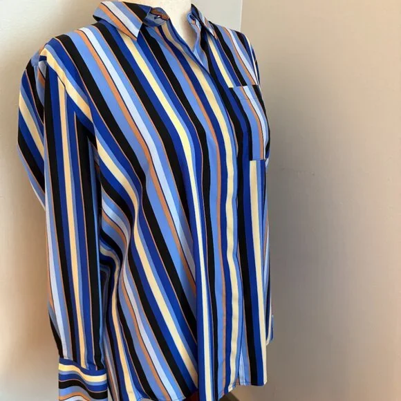 Nine West Striped Blouse Blue Multi-Color Women's Large - Picture 2 of 9